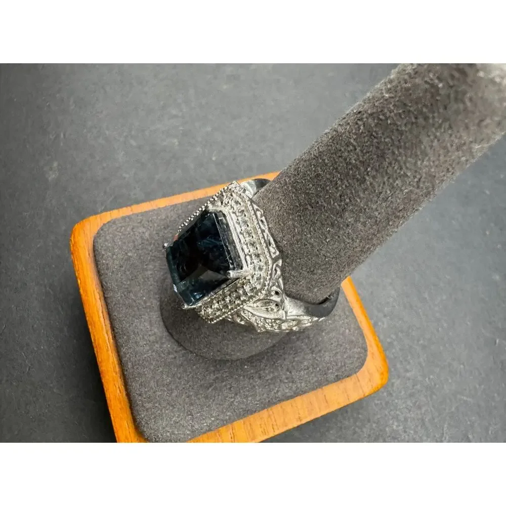 Vtg Style 925 Sterling Silver London Blue Topaz Emerald Cut CZ Halo Ring Sz 10